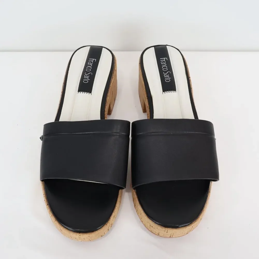 Franco Sarto Women's Pony Leather Open Toe Sandal Heel Black Cork Size US 8.5